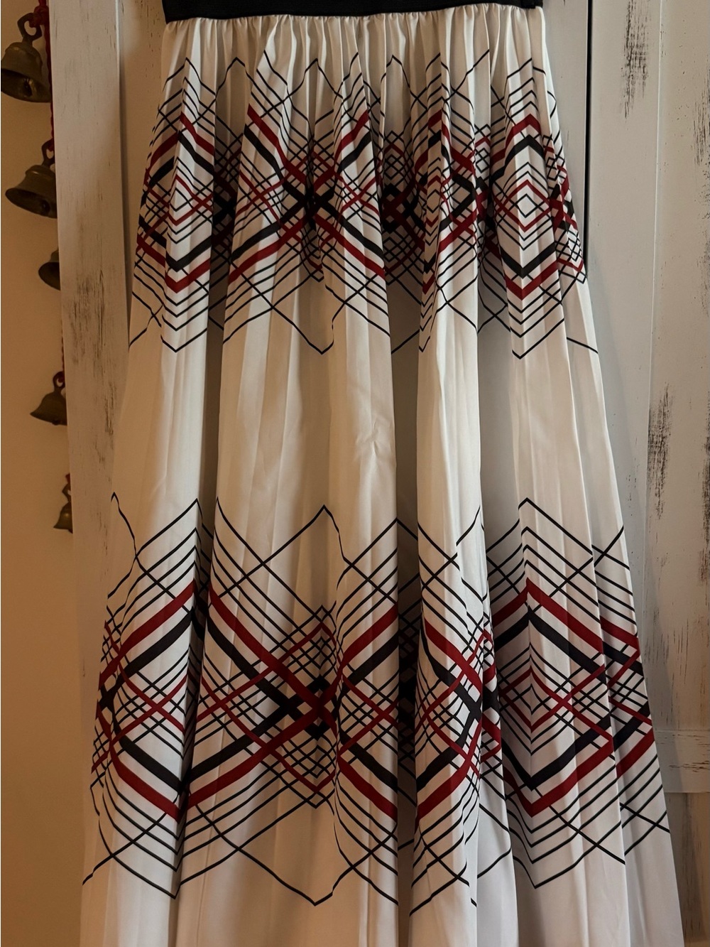 Women's White Maxi Skirt with Black & Red Geometric Print